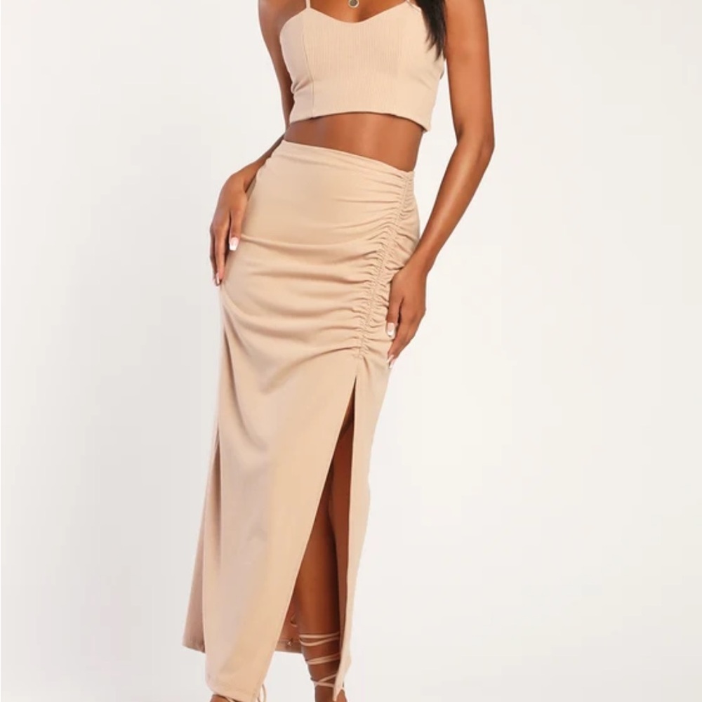 Tan Ribbed Two-Piece Midi Dress